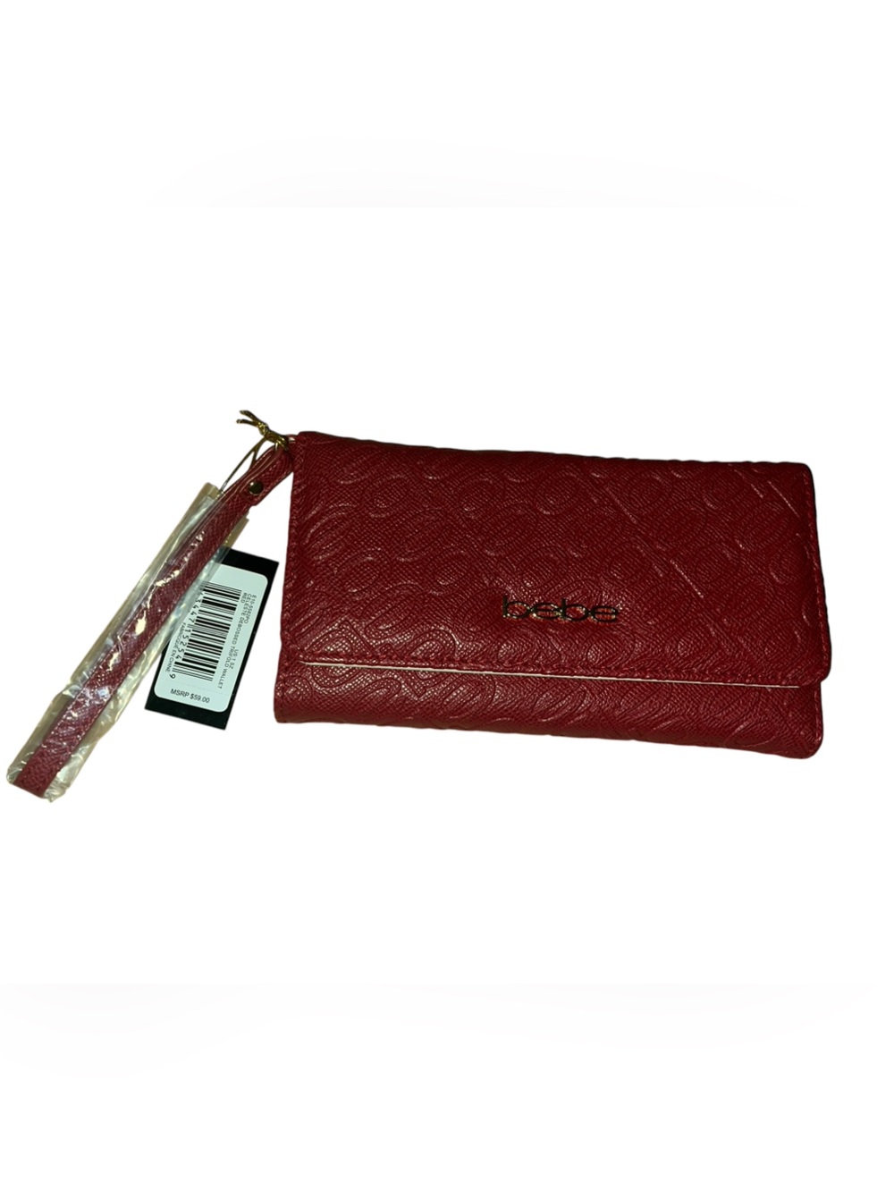 bebe Red Quilted Wristlet trifold wallet with Strap